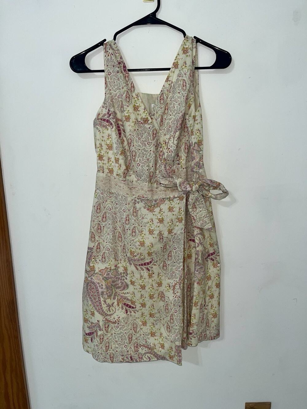 Garnet Hill Mini Boho Wrap Dress Cottagecore Patchwork Cream Pink Lace Sz 6